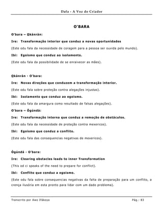 Dafa - A Voz do Criador



                                          O'BARA

O'bara – O kànràn:

Ire:   Transformação interior que conduz a novas oportunidades

(Este odu fala da necessidade de coragem para a pessoa ser ouvida pelo mundo).

Ibi:   Egoismo que conduz ao isolamento.

(Este odu fala da possibilidade de se enraivecer as mães) .



O kànràn - O'bara:

Ire:   Novas direções que conduzem a transformação interior.

(Este odu fala sobre proteção contra alegações inj ustas).

Ibi:   Isolamento que conduz ao ego ismo.

(Este odu fala da amargura como resultado de falsas alegações).

O'bara – Ògúndá:

Ire:   Transformação interna que conduz a remoção de obstáculos.

(Este odu fala da necessidade de proteção contra mexericos).

Ibi:   Egoismo que conduz a conflito.

(Este odu fala das consequencias negativas de mexericos).



Ògúndá - O'bara:

Ire:   Clearing obstacles leads to inner Transformation

( This od ci speaks of the need to prepare for conflict).

Ibi:   Conflito que conduz a egoismo.

(Este odu fala sobre consequencias negativas da falta de preparação para um conflito, a
crença ilusória em esta pronto para lidar com um dado problema).




Tran s cri t o por A wo If ákoya                                          Pág .: 83
 