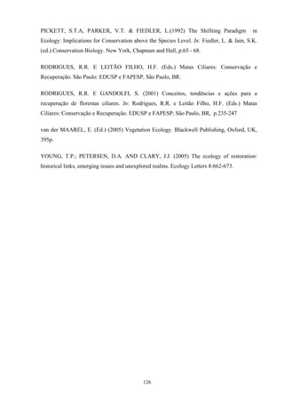 126
PICKETT, S.T.A, PARKER, V.T. & FIEDLER, L.(1992) The Shifiting Paradigm in
Ecology: Implications for Conservation above the Species Level. In: Fiedler, L. & Jain, S.K.
(ed.) Conservation Biology. New York, Chapman and Hall, p.65 - 68.
RODRIGUES, R.R. E LEITÃO FILHO, H.F. (Eds.) Matas Ciliares: Conservação e
Recuperação. São Paulo: EDUSP e FAPESP, São Paulo, BR.
RODRIGUES, R.R. E GANDOLFI, S. (2001) Conceitos, tendências e ações para a
recuperação de florestas ciliares. In: Rodrigues, R.R. e Leitão Filho, H.F. (Eds.) Matas
Ciliares: Conservação e Recuperação. EDUSP e FAPESP, São Paulo, BR, p.235-247
van der MAAREL, E. (Ed.) (2005) Vegetation Ecology. Blackwell Publishing, Oxford, UK,
395p.
YOUNG, T.P.; PETERSEN, D.A. AND CLARY, J.J. (2005) The ecology of restoration:
historical links, emerging issues and unexplored realms. Ecology Letters 8:662-673.
 