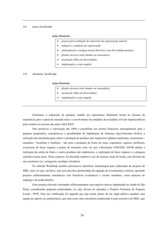 24
11a pouco tecnificada:
Ações Possíveis:
pousio para avaliação da expressão da regeneração natural
indução e condução da regeneração
adensamento e enriquecimento florístico com diversidade genética
plantio em área total (mudas ou semeadura)
nucleação (ilhas de diversidade)
implantação e zona tampão
11b altamente tecnificada:
Ações Possíveis:
plantio em área total (mudas ou semeadura)
nucleação (ilhas de diversidade)
implantação e zona tampão
Entretanto, a imposição de qualquer modelo aos agricultores fatalmente levará ao fracasso da
experiência, pois o apoio da extensão rural e o envolvimento de entidades da sociedade civil são imprescindíveis
para conduzir ao sucesso das ações sobre RAD.
Para promover a valorização das APPs e possibilitar um retorno financeiro, principalmente para o
pequeno proprietário, considerou-se a possibilidade de implantação de Sistemas Agro-Florestais (SAFs), a
utilização das entrelinhas para cultivo e produção de produtos não madeireiros (plantas medicinais, ornamentais -
orquídeas / bromélias e frutíferas - não para a produção de frutas de mesa, cogumelos, espécies melíferas),
ecoturismo de baixo impacto e pomar de sementes, uma vez que a Resolução CONAMA 369/06 admite a
realização da coleta de frutos e outros produtos não madeireiros, a exploração de baixo impacto e a pesquisa
científica nestas áreas. Neste contexto, foi discutido também o uso do entorno, áreas de borda, com florestas de
uso econômico (ex. seringueira, eucalipto citriodora).
No referido Workshop também procurou-se identificar metodologias para elaboração de projetos de
MDL, uma vez que, em breve, esta será uma boa oportunidade de captação de investimentos externos, apoiando
projetos ambientalmente sustentáveis com benefícios econômicos e sociais imediatos, como aumento do
emprego e da renda familiar.
Estes projetos deverão contemplar reflorestamentos com espécies nativas implantadas no estado de São
Paulo, considerando pequenas propriedades, ou seja, devem ser ajustados a Projetos Florestais de Pequena
Escala - PFPE. Para sua viabilização foi sugerido que seja criada, dentro de um órgão público estadual, uma
equipe de suporte aos proprietários, que atue como uma consultoria credenciada à junta executiva do MDL; que
 