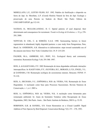 58
MORELLATO, L.P., LEITÃO FILHO, H.F. 1992. Padrões de frutificação e dispersão na
Serra do Japi. In: Morellato, L.P. (Coord) História Natural da Srra do Japi: Ecologia e
preservação de uma floresta no Sudeste do Brasil. São Paulo: Editora da
UNICAMP/FAPESP. pp.112-141.
NATHAN, R.; MULLER-LANDAU, H. C. Spatial patterns of seed dispersal, their
determinants and consequences for recrutment. Trends in Ecology & Evolution, v. 15, p. 278-
285, 2000.
NEPSTAD, D. UHL, C. & SERRÃO, E.A.S. 1990. Surmounting barriers to forest
regeneration in abandoned, highly degraded pastures: a case study from Paragominas, Para,
Brazil. In: ANDERSON, A.B. Alternatives to deforestation: steps toward sustainable use of
the amazon rain forest. New York: Columbia Univ. Pr. P. 215-229.
PALMER, M.A.; AMBROSE, R.F.; POFF, N.L. Ecological theory and community
restoration. Restoration Ecology 5 (4): 291-300. 1997.
REIS, A. & KAGEYAMA, P.Y. 2003 Restauração de áreas degradadas utilizando interações
interespecíficas. In: KAGEYAMA, P.Y., OLIVEIRA, R.E., MORAES, L.F.D., ENGEL, V.L.
& GANDARA, F.B. Restauração ecológica de ecossistemas naturais. Botucatu: FEPAF. P.
91-110.
REIS, A.; BECHARA, F.C.; ESPÍNDOLA, M.B. de; VIEIRA, N.K. Restauração de Áreas
Degradadas: A nucleação como base para Processos Sucessionais. Revista Natureza &
Conservação, v. 1, n.1. 2003 a.
REIS, A.; ESPÍNDOLA, M.B. de; VIEIRA, N.K. A nucleação como ferramenta para
restauração ambiental. In: Anais do Seminário Temático sobre Recuperação de Áreas
Degradadas, 2003, São Paulo. Anais... São Paulo: Instituto de Botânica, 2003 b. p. 32-39.
ROBINSON, G.R. & HANDEL, S.N. Forest Restoration on a Closed Landfill: Rapid
Addition of New Species by Bird Dispersal. Conservation Biology 7(2): 271 – 278, 1993.
 
