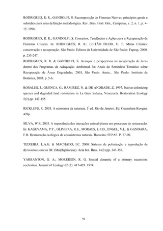 59
RODRIGUES, R. R.; GANDOLFI, S. Recomposição de Florestas Nativas: princípios gerais e
subsídios para uma definição metodológica. Rev. Bras. Hort. Orn., Campinas, v. 2, n. 1, p. 4-
15. 1996.
RODRIGUES, R. R.; GANDOLFI, S. Conceitos, Tendências e Ações para a Recuperação de
Florestas Ciliares. In: RODRIGUES, R. R.; LEITÃO FILHO, H. F. Matas Ciliares:
conservação e recuperação. São Paulo: Editora da Universidade de São Paulo: Fapesp, 2000.
p. 235-247.
RODRIGUES, R. R. & GANDOLFI, S. Avanços e perspectivas na recuperação de áreas
dentro dos Programas de Adequação Ambiental. In: Anais do Seminário Temático sobre
Recuperação de Áreas Degradadas, 2003, São Paulo. Anais... São Paulo: Instituto de
Botânica, 2003. p. 5-6.
ROSALES, J., GUENCA, G., RAMÍREZ, N. & DE ANDRADE, Z. 1997. Native colonizing
species and degraded land restoration in La Gran Sabana, Venezuela. Restoration Ecology
5(2) pp. 147-155.
RICKLEFS, R. 2003. A economia da natureza. 5ª
ed. Rio de Janeiro. Ed. Guanabara Koogan.
470p.
SILVA, W.R. 2003. A importância das interações animal-planta nos processos de restauração.
In: KAGEYAMA, P.Y., OLIVEIRA, R.E., MORAES, L.F.D., ENGEL, V.L. & GANDARA,
F.B. Restauração ecológica de ecossistemas naturais. Botucatu: FEPAF. P. 77-90.
TEIXEIRA, L.A.G. & MACHADO, I.C. 2000. Sistema de polinização e reprodução de
Byrsonima sericea DC (Malphghiaceae). Acta bot. Bras. 14(3) pp. 347-357.
YARRANTON, G. A.; MORRISON, R. G. Spatial dynamic of a primary sucession:
nucleation. Journal of Ecology 62 (2): 417-428. 1974.
 