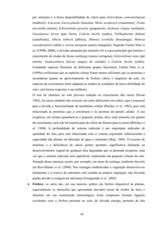 69
por alumínio e à baixa disponibilidade de cálcio para Enterobium contortisiliquum
(tamboril), Leucaena leucocephalla (leucena), Melia azedarach (cinamomo), Trema
micrantha (trema), Schizolobium parayba (guapuruvú), Sesbania virgata (sesbania),
Caesalpinea ferrea (pau ferro), Cedrela fissilis (cedro), Pelthophorum dubium
(canafístula), Albizia lebbeck (albizia), Mimosa scrabella (bracatinga), Mimosa
caesalpinifolia (sabiá) e Acácia mangium (acácia mangium). Segundo Furtini Neto et
al. (1999b, 2000), a elevada saturação por alumínio foi a causa principal que limitou o
crescimento de mudas de Senna multijuga (cássia verrugosa), Schizolobium stans (ipê
mirim), Anaderanthera falcata (angico do cerrado) e Cedrela fissilis (cedro).
Estudando espécies florestais de diferentes grupos funcionais, Furtini Neto et al.
(1999a) verificaram que as espécies clímax foram menos eficientes que as pioneiras e
secundárias quanto ao aproveitamento de fósforo, cálcio e magnésio do solo. As
espécies de crescimento lento adaptam-se melhor às condições de baixa fertilidade do
solo, com baixas respostas à sua melhoria.
O teor de alumínio no solo provoca redução no crescimento das raízes (Pavan
1982). As raízes também não crescem em solos deficientes em cálcio, que é essencial
para a divisão e funcionalidade da membrana celular (Ritchey et al. 1982), pois está
relacionada às proteínas que a constituem e às pectinas da parede celular. A sua
exigência, em termos quantitativos é pequena, porém, deve estar presente nos pontos
de crescimento, pois não há translocação do cálcio do floema para as raízes (Ritchey et
al. 1980). A profundidade do sistema radicular é um importante indicador de
qualidade do solo, pois está relacionado com o volume explorado, influenciando a
capacidade das plantas na absorção de água e nutrientes (Raij, 1988). O excesso de
alumínio e a deficiência de cálcio geram, portanto, significativa limitação ao
desenvolvimento vegetal de qualquer área degradada que se pretenda recuperar, uma
vez que o sistema radicular será superficial, explorando um pequeno volume de solo.
Situação dessa natureza ocorre, por exemplo, em áreas de restinga, conforme descrito
em Reis-Duarte et al. (2004). Nas restingas estabelecidas a vegetação desenvolve-se
lentamente e a reserva de nutrientes está contida na própria vegetação, não havendo
perdas devido à ciclagem de nutrientes (Casagrande et al., 2002).
• Fósforo: os solos são, em sua maioria, pobres em fósforo disponível às plantas,
especialmente os latossolos que apresentam elevados teores de óxidos de ferro e
alumínio em sua constituição mineralógica. Estes compostos formam ligações
covalentes com o fósforo presente no solo, de elevada energia, portanto de alta
 