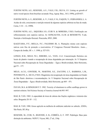 76
FURTINI NETO, A.E.; RESENDE, A.V.; VALE, F.R.; SILVA, I.V. Liming on growth of
native wood species from brazilian savannah. Pesq. Agrop. Bras., 34:5, 1999a, p.829-837.
FURTINI NETO, A. E.; RESENDE, A. V.; VALE, F. R.; FAQUIN, V.; FERNANDES, L. A.
Acidez de solo, crescimento e nutrição mineral de algumas espécies arbóreas na fase de muda.
Cerne, 5: 01 – 12, 1999b.
FURTINI NETO, A.E..; SIQUEIRA J.O.; CURI N. & MOREIRA, F.M.S. Fertilização em
reflorestamento com espécies nativas. In: GONÇALVES, J.L.M. & BENEDETTI, V.eds.
Nutrição e fertilização florestal. Piracicaba, IPEF, 2000.
KAGEYAMA, P.Y.; BIELLA, P.C.; PALERMO JR, A. Plantações mistas com espécies
nativas com fins de proteção a reservatórios. 6º Congresso Florestal Brasileiro. Anais...,
Campos do Jordão, SP. v. 1. 1990. p. 527-533.
LONGO, R.M., MELO, W.J., RIBEIRO, A.I., VIAN, J.A.J. Caracterização florística em
locais de plantio visando a recuperação de áreas degradadas por mineração. In: V Simpósio
Nacional sobre Recuperação de Áreas Degradadas – Água e Biodiversidade, Belo Horizonte,
pp175 – 177.
MELO, A.C.G., CONTIERI, W., MARTINS, S.E., ZACCONI, L.T., BARBOSA, L.M.,
POTOMATTI, A., SILVA, P.M.S. Diagnóstico da recuperação de áreas degradadas no Estado
de São Paulo: diretrizes e recomendações. In: V Simpósio Nacional sobre Recuperação de
Áreas Degradadas – Água e Biodiversidade, Belo Horizonte, pp 469 – 471.
PAVAN, M.A. & BINGHAM F.T. 1982. Toxicity of aluminum to coffee seedlings grown in
nutrient solution. Soil Science Society of America Journal 46:993–997.
RAIJ, B. VAN. 1969. A capacidade de troca de cátions das frações orgânicas e minerais dos
solos. Bragantia 28: 85 – 112.
RAIJ, B. VAN. 1988. Gesso agrícola na melhoria do ambiente radicular no subsolo. ANDA,
São Paulo, SP, 88 p.
RESENDE, M., CURI, N., REZENDE, S. B., CORRÊA, G. F. 1997. Pedologia: Base para
distinção de ambientes. NEPUT, Viçosa, MG, 2a
ed., 334p.
 