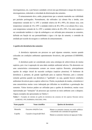 84
microrganismos, etc, e por baixar a umidade a níveis tais que diminuam o ataque dos insetos e
microrganismos, reduzindo a velocidade da deterioração das sementes.
O armazenamento deve, então, proporcionar que a semente mantenha sua viabilidade
por períodos prolongados. Normalmente, são utilizados: (a) câmara fria e úmida, com
temperatura variando de 5 a 10ºC e umidade relativa de 40 a 90%; (b) câmara seca, com
temperatura variando de 10 a 10ºC e umidade relativa de 40 a 50%; e (c) câmara fria e seca,
com temperatura variando de 4 a 10ºC e umidade relativa de 40 a 50%. Um outro aspecto a
ser considerado também é o tipo de embalagem a ser utilizada para armazenar as sementes,
definida em função de sua permeabilidade à água e do tipo da semente, o conteúdo de
umidade por ocasião da secagem e o ambiente de armazenamento.
A quebra de dormência das sementes
A dormência representa um processo no qual algumas sementes, mesmo quando
colocadas em condições ambientais aparentemente favoráveis, não germinam (CARDOSO,
2004).
A dormência pode ser considerada como uma estratégia de sobrevivência de muitas
espécies, pois visa à superação de uma dada condição ambiental adversa. Ela demonstra ser
uma característica extremamente comum em nossas espécies florestais, principalmente
aquelas de estágio inicial da sucessão ecológica (espécies pioneiras). O fenômeno de
dormência é, portanto, de grande significado para as espécies florestais, pois a semente
somente germina quando sua dormência é "quebrada", ou seja, quando houver condições
ambientais favoráveis para a espécie sobreviver. Porém, na produção de mudas, a dormência é
uma característica muitas vezes indesejada por dificultar ou inviabilizar a germinação das
sementes. Várias técnicas podem ser utilizadas para a quebra de dormência, muitas vezes
representadas por “imitações” de processos que ocorrem no meio ambiente com o diásporo.
Alguns exemplos são apresentados na Tabela 1:
Tabela 1 - Exemplos de métodos de quebra de dormência das sementes de três espécies florestais nativas
(LORENZI, 1992; BARBOSA; MACEDO, 1998)
Nome popular Nome científico Quebra de dormência
Mutamba Guazuma ulmifolia Lam. Manter as sementes imersas em ácido sulfúrico
concentrado até a retirada do tegumento
Copaíba Copaifera langsdorffii Desf.
Manter as sementes imersas em água por 4 dias
 