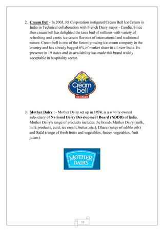 19
2. Cream Bell - In 2003, RJ Corporation instigated Cream Bell Ice Cream in
India in Technical collaboration with French Dairy major - Candia. Since
then cream bell has delighted the taste bud of millions with variety of
refreshing and exotic ice cream flavours of international and traditional
nature. Cream bell is one of the fastest growing ice cream company in the
country and has already bagged 6% of market share in all over India. Its
presence in 19 states and its availability has made this brand widely
acceptable in hospitality sector.
3. Mother Dairy : - Mother Dairy set up in 1974, is a wholly owned
subsidiary of National Dairy Development Board (NDDB) of India.
Mother Dairy's range of products includes the brands Mother Dairy (milk,
milk products, curd, ice cream, butter, etc.), Dhara (range of edible oils)
and Safal (range of fresh fruits and vegetables, frozen vegetables, fruit
juices).
 