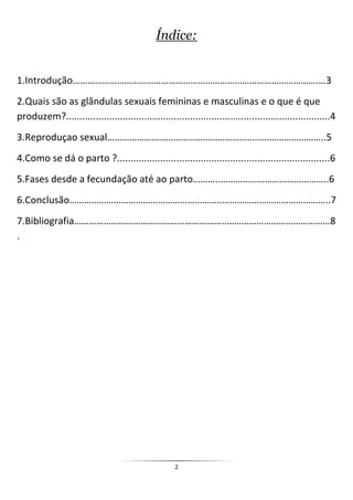 Índice:


1.Introdução……………………………………………………………………………………….…3
2.Quais são as glândulas sexuais femininas e masculinas e o que é que
produzem?..................................................................................................4
3.Reproduçao sexual……………………………………………………………………………..5
4.Como se dá o parto ?...............................................................................6
5.Fases desde a fecundação até ao parto………..……………………………………..6
6.Conclusão……………………………………………………..……………………………………..7
7.Bibliografia……………………………………………………..……………………………………8
.




                                                     2
 