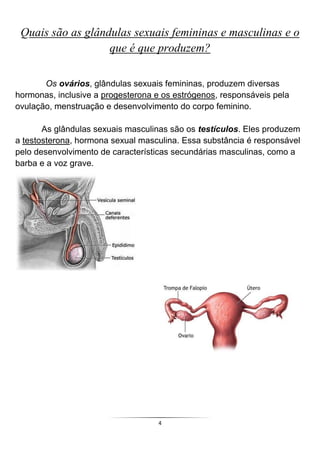 Quais são as glândulas sexuais femininas e masculinas e o
                   que é que produzem?

       Os ovários, glândulas sexuais femininas, produzem diversas
hormonas, inclusive a progesterona e os estrógenos, responsáveis pela
ovulação, menstruação e desenvolvimento do corpo feminino.

       As glândulas sexuais masculinas são os testículos. Eles produzem
a testosterona, hormona sexual masculina. Essa substância é responsável
pelo desenvolvimento de características secundárias masculinas, como a
barba e a voz grave.




                                    4
 