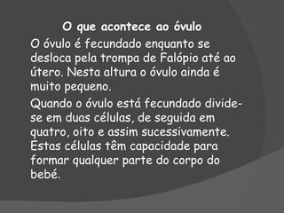 O que acontece ao óvulo
O óvulo é fecundado enquanto se
desloca pela trompa de Falópio até ao
útero. Nesta altura o óvulo ainda é
muito pequeno.
Quando o óvulo está fecundado divide-
se em duas células, de seguida em
quatro, oito e assim sucessivamente.
Estas células têm capacidade para
formar qualquer parte do corpo do
bebé.
 