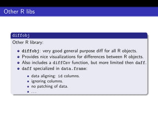 Other R libs
diffobj
Other R library:
diffobj: very good general purpose diﬀ for all R objects.
Provides nice visualizations for diﬀerences between R objects.
Also includes a diffCsv function, but more limited then daff.
daff specialized in data.frame:
data aligning: id columns.
ignoring columns.
no patching of data.
. . .
 