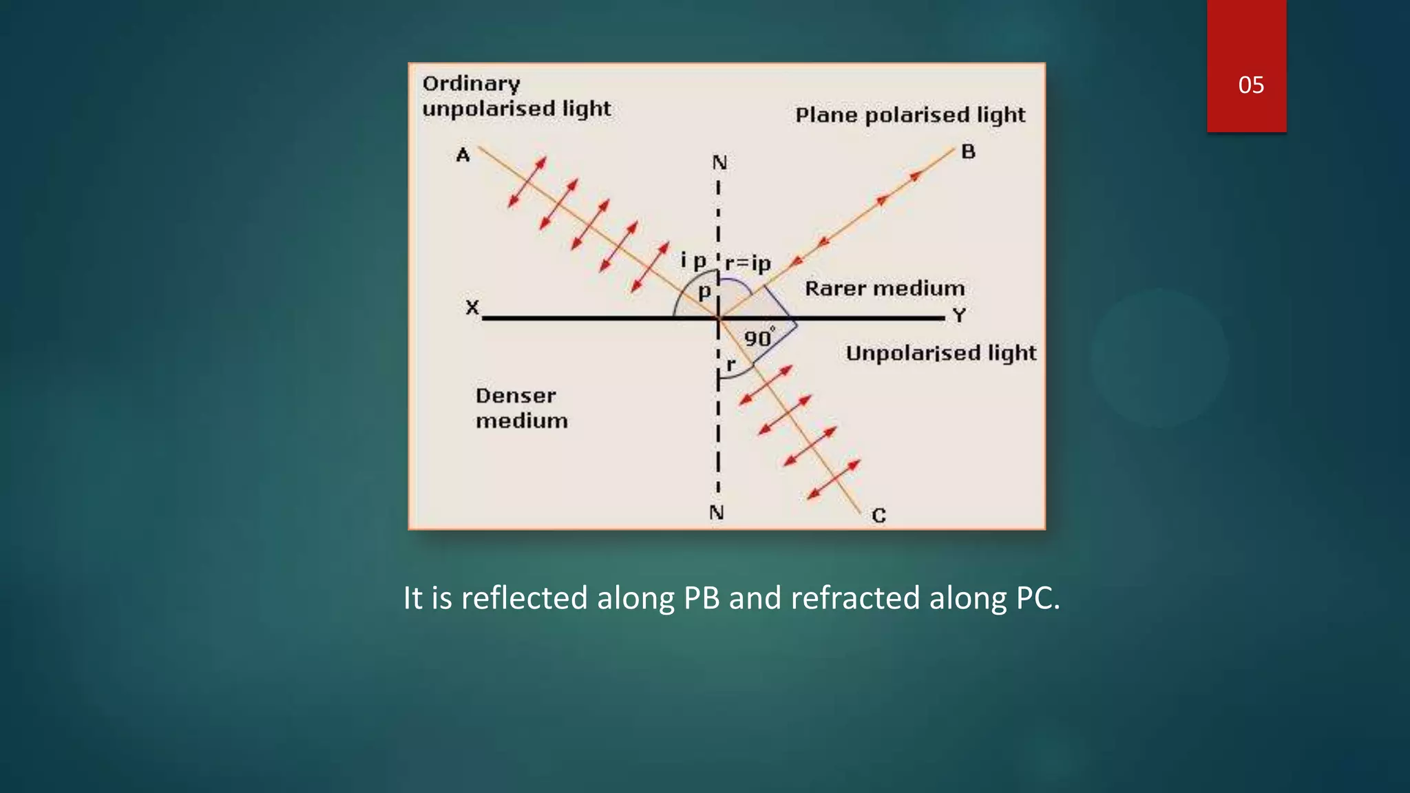 It is reflected along PB and refracted along PC.
05
 