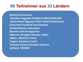 89 Teilnehmer aus 33 Ländern 
Belarus Rumaenien 
Brasilien Aegypten Rusßland GRIECHENLAND 
Deutschland Ägypten Polen Türkei Switzerland 
Österreich Finnland Griechenland 
Aserbaidschan Indonesien 
Bosnien und Herzegowina 
Albanien Georgien Ukraine Indien 
Italien Albanien Eritrea 
Ungarn Armenien Israel 
Vietnam Kosovo Georgien Spanien 
Lettland MEXIKO 
 