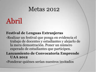 Metas 2012
Abril
Festival de Lenguas Extranjeras
-Realizar un festival que ponga en evidencia el
  trabajo de docentes y estudiantes y alejarlo de
  la mera demostración. Poner un número
  esperado de estudiantes que participen.
Lanzamiento de Convocatoria Emprende
  UAA 2012
-Ponderar quiénes serían nuestros invitados
 