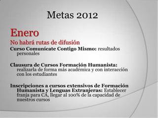 Metas 2012
Enero
No habrá rutas de difusión
Curso Comunícate Contigo Mismo: resultados
  personales

Clausura de Cursos Formación Humanista:
   realizarla de forma más académica y con interacción
   con los estudiantes

Inscripciones a cursos extensivos de Formación
  Humanista y Lenguas Extranjeras: Establecer
  franja para CA, llegar al 100% de la capacidad de
  nuestros cursos
 