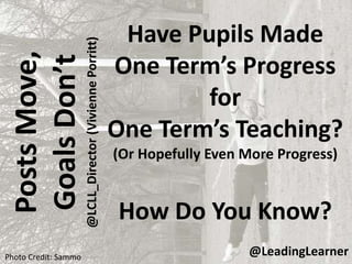 PostsMove,
GoalsDon’t
@LCLL_Director(ViviennePorritt)
Have Pupils Made
One Term’s Progress
for
One Term’s Teaching?
(Or Hopefully Even More Progress)
How Do You Know?
@LeadingLearnerPhoto Credit: Sammo
 