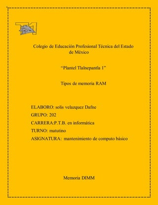 Colegio de Educación Profesional Técnica del Estado
de México
“Plantel Tlalnepantla 1”
Tipos de memoria RAM
ELABORO: solis velazquez Dafne
GRUPO: 202
CARRERA:P.T.B. en informática
TURNO: matutino
ASIGNATURA: mantenimiento de computo básico
Memoria DIMM
 