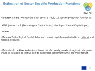 16
• Mathematically, we estimate each sector’s i=1,2,…,5 specific production function as:
GDP (sector i) = F (Technological Capital Input; Labor Input; Natural Capital Input),
where
- Data on Technological Capital, labor and natural capital are collected from national and
regional accounts
- Data should be time series (over time), but also yearly panels of regional data points
would be valuable so that we can do panel data econometrics that are more robust.
Estimation of Sector Specific Production Functions
 