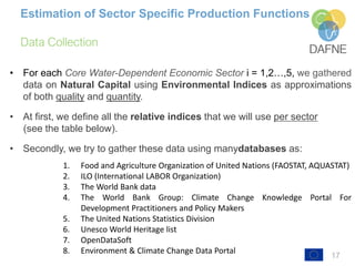 17
Data Collection
Estimation of Sector Specific Production Functions
• For each Core Water-Dependent Economic Sector i = 1,2…,5, we gathered
data on Natural Capital using Environmental Indices as approximations
of both quality and quantity.
• At first, we define all the relative indices that we will use per sector
(see the table below).
• Secondly, we try to gather these data using manydatabases as:
1. Food and Agriculture Organization of United Nations (FAOSTAT, AQUASTAT)
2. ILO (International LABOR Organization)
3. The World Bank data
4. The World Bank Group: Climate Change Knowledge Portal For
Development Practitioners and Policy Makers
5. The United Nations Statistics Division
6. Unesco World Heritage list
7. OpenDataSoft
8. Environment & Climate Change Data Portal
 