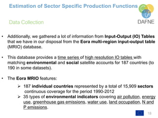18
Data Collection
Estimation of Sector Specific Production Functions
• Additionally, we gathered a lot of information from Input-Output (IO) Tables
that we have in our disposal from the Eora multi-region input-output table
(MRIO) database.
• This database provides a time series of high resolution IO tables with
matching environmental and social satellite accounts for 187 countries (to
190 in some datasets).
• The Eora MRIO features:
➢ 187 individual countries represented by a total of 15,909 sectors
continuous coverage for the period 1990-2012
➢ 35 types of environmental indicators covering air pollution, energy
use, greenhouse gas emissions, water use, land occupation, N and
P emissions.
 