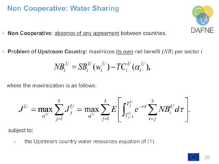 29
• Non Cooperative: absence of any agreement between countries.
• Problem of Upstream Country: maximizes its own net benefit (NB) per sector i
where the maximization is as follows:
subject to:
➢ the Upstream country water resources equation of (1).
Non Cooperative: Water Sharing
( ) ( ),U U U U U
i i i i iNB SB w TC  
1
5 5 5
1 1
max max .
U
j
UU U
j
T
U U r U
j iT
j j i j
J J E e NB d
 



  
 
   
 
  
 