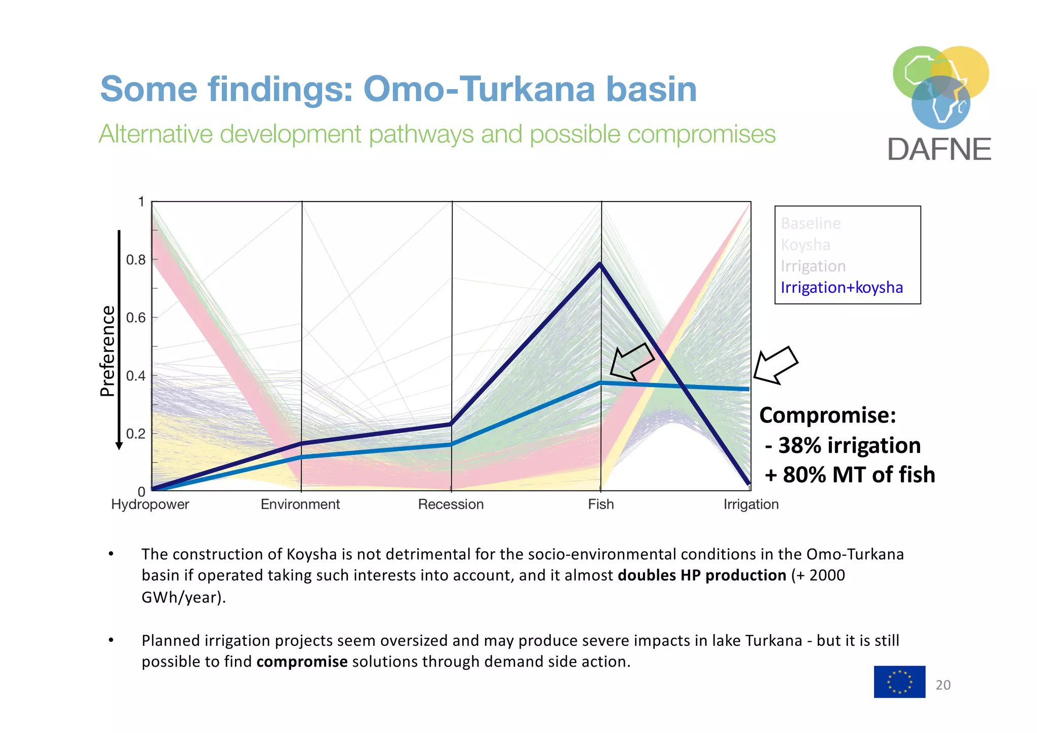 20
Some findings: Omo-Turkana basin
Alternative development pathways and possible compromises
Baseline
Koysha
Irrigation
Irrigation+koysha
1 2 3 4 5
0
0.1
0.2
0.3
0.4
0.5
0.6
0.7
0.8
0.9
1
Compromise:
- 38% irrigation
+ 80% MT of fish
Preference
• The construction of Koysha is not detrimental for the socio-environmental conditions in the Omo-Turkana
basin if operated taking such interests into account, and it almost doubles HP production (+ 2000
GWh/year).
• Planned irrigation projects seem oversized and may produce severe impacts in lake Turkana - but it is still
possible to find compromise solutions through demand side action.
 