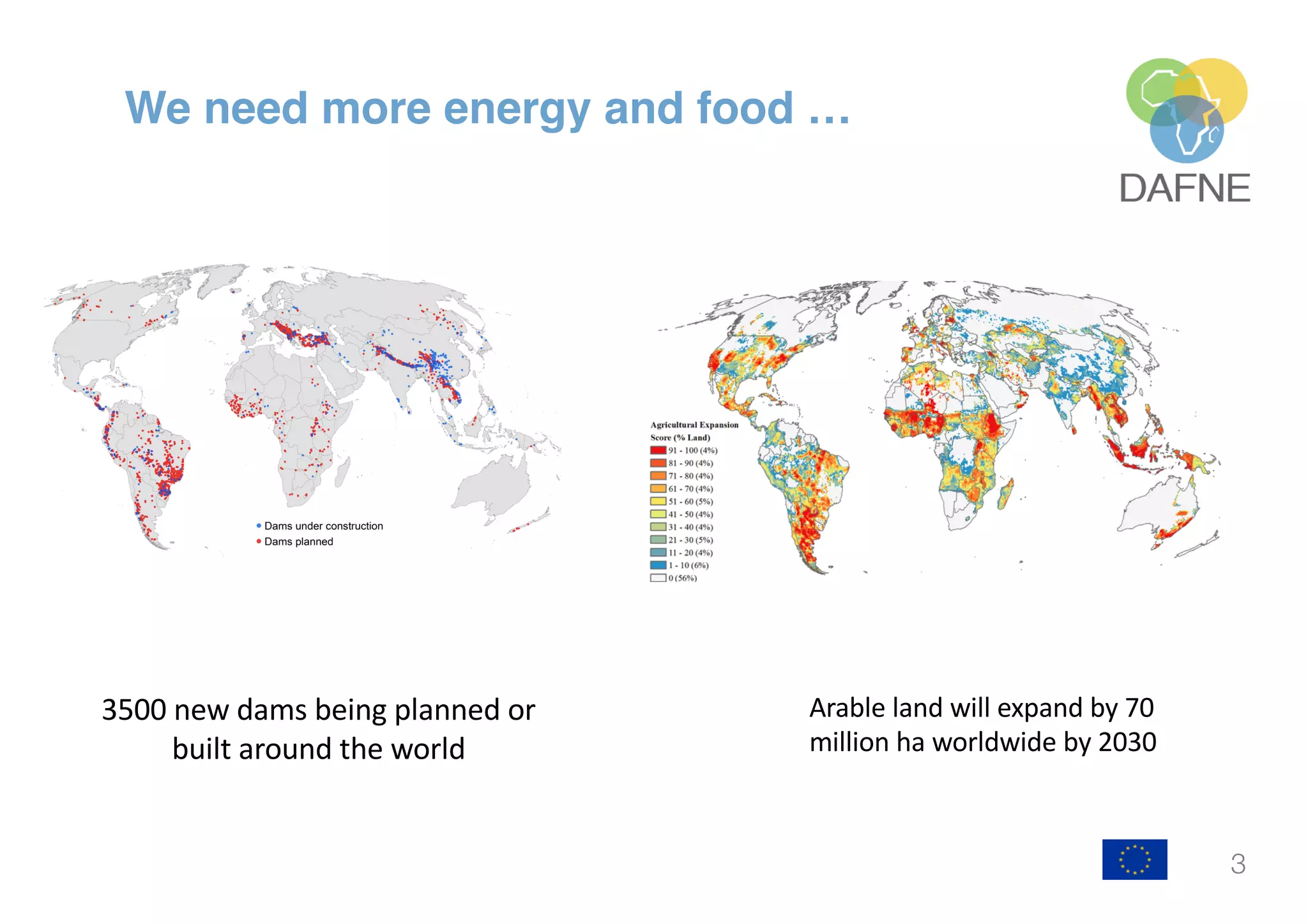 3
We need more energy and food …
3500 new dams being planned or
built around the world
Arable land will expand by 70
million ha worldwide by 2030
 