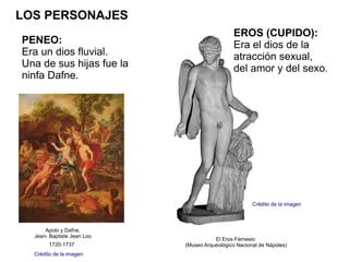 LOS PERSONAJES
                                               EROS (CUPIDO):
PENEO:                                         Era el dios de la
Era un dios fluvial.                           atracción sexual,
Una de sus hijas fue la                        del amor y del sexo.
ninfa Dafne.




                                                      Crédito de la imagen



      Apolo y Dafne,
  Jean- Baptiste Jean Loo
                                       El Eros Farnesio
        1720-1737           (Museo Arqueológico Nacional de Nápoles)
  Crédito de la imagen
 