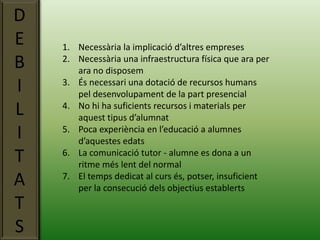 DEBILITATSNecessària la implicació d’altres empresesNecessària una infraestructura física que ara per ara no disposemÉs necessari una dotació de recursos humans pel desenvolupament de la part presencialNo hi ha suficients recursos i materials per aquest tipus d’alumnatPoca experiència en l’educació a alumnes d’aquestes edatsLa comunicació tutor - alumne es dona a un ritme més lent del normalEl temps dedicat al curs és, potser, insuficient per la consecució dels objectius establerts