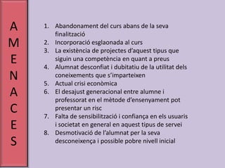 AMENACESAbandonament del curs abans de la seva finalitzacióIncorporació esglaonada al cursLa existència de projectes d’aquest tipus que siguin una competència en quant a preusAlumnat desconfiat i dubitatiu de la utilitat dels coneixements que s’imparteixenActual crisi econòmicaEl desajust generacional entre alumne i professorat en el mètode d’ensenyament pot presentar un riscFalta de sensibilització i confiança en els usuaris i societat en general en aquest tipus de serveiDesmotivació de l’alumnat per la seva desconeixença i possible pobre nivell inicial