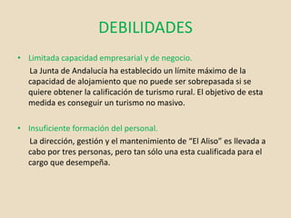 DEBILIDADES
• Limitada capacidad empresarial y de negocio.
La Junta de Andalucía ha establecido un límite máximo de la
capacidad de alojamiento que no puede ser sobrepasada si se
quiere obtener la calificación de turismo rural. El objetivo de esta
medida es conseguir un turismo no masivo.
• Insuficiente formación del personal.
La dirección, gestión y el mantenimiento de “El Aliso” es llevada a
cabo por tres personas, pero tan sólo una esta cualificada para el
cargo que desempeña.
 