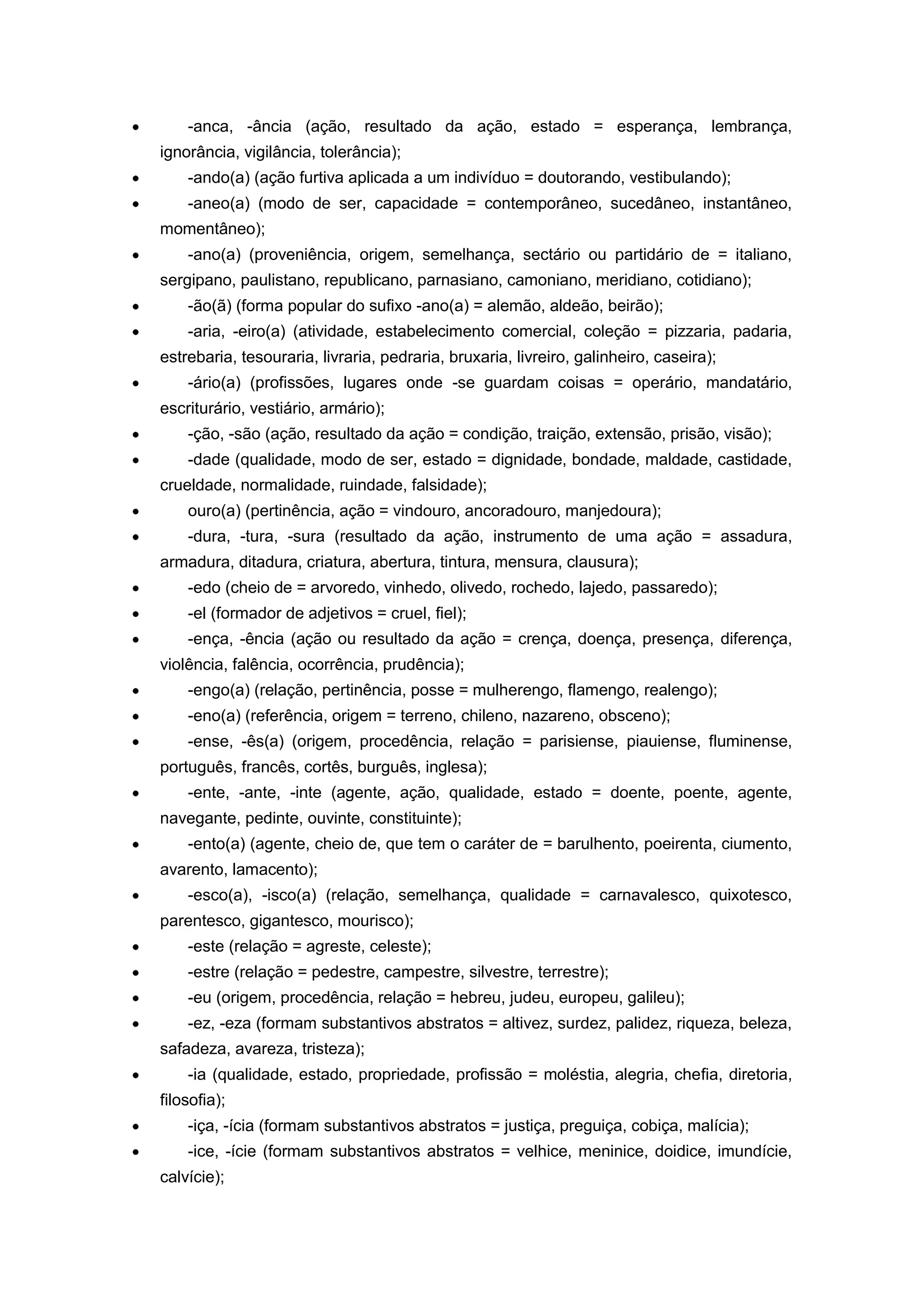 -anca, -ância (ação, resultado da ação, estado = esperança, lembrança,
ignorância, vigilância, tolerância);
-ando(a) (ação furtiva aplicada a um indivíduo = doutorando, vestibulando);
-aneo(a) (modo de ser, capacidade = contemporâneo, sucedâneo, instantâneo,
momentâneo);
-ano(a) (proveniência, origem, semelhança, sectário ou partidário de = italiano,
sergipano, paulistano, republicano, parnasiano, camoniano, meridiano, cotidiano);
-ão(ã) (forma popular do sufixo -ano(a) = alemão, aldeão, beirão);
-aria, -eiro(a) (atividade, estabelecimento comercial, coleção = pizzaria, padaria,
estrebaria, tesouraria, livraria, pedraria, bruxaria, livreiro, galinheiro, caseira);
-ário(a) (profissões, lugares onde -se guardam coisas = operário, mandatário,
escriturário, vestiário, armário);
-ção, -são (ação, resultado da ação = condição, traição, extensão, prisão, visão);
-dade (qualidade, modo de ser, estado = dignidade, bondade, maldade, castidade,
crueldade, normalidade, ruindade, falsidade);
ouro(a) (pertinência, ação = vindouro, ancoradouro, manjedoura);
-dura, -tura, -sura (resultado da ação, instrumento de uma ação = assadura,
armadura, ditadura, criatura, abertura, tintura, mensura, clausura);
-edo (cheio de = arvoredo, vinhedo, olivedo, rochedo, lajedo, passaredo);
-el (formador de adjetivos = cruel, fiel);
-ença, -ência (ação ou resultado da ação = crença, doença, presença, diferença,
violência, falência, ocorrência, prudência);
-engo(a) (relação, pertinência, posse = mulherengo, flamengo, realengo);
-eno(a) (referência, origem = terreno, chileno, nazareno, obsceno);
-ense, -ês(a) (origem, procedência, relação = parisiense, piauiense, fluminense,
português, francês, cortês, burguês, inglesa);
-ente, -ante, -inte (agente, ação, qualidade, estado = doente, poente, agente,
navegante, pedinte, ouvinte, constituinte);
-ento(a) (agente, cheio de, que tem o caráter de = barulhento, poeirenta, ciumento,
avarento, lamacento);
-esco(a), -isco(a) (relação, semelhança, qualidade = carnavalesco, quixotesco,
parentesco, gigantesco, mourisco);
-este (relação = agreste, celeste);
-estre (relação = pedestre, campestre, silvestre, terrestre);
-eu (origem, procedência, relação = hebreu, judeu, europeu, galileu);
-ez, -eza (formam substantivos abstratos = altivez, surdez, palidez, riqueza, beleza,
safadeza, avareza, tristeza);
-ia (qualidade, estado, propriedade, profissão = moléstia, alegria, chefia, diretoria,
filosofia);
-iça, -ícia (formam substantivos abstratos = justiça, preguiça, cobiça, malícia);
-ice, -ície (formam substantivos abstratos = velhice, meninice, doidice, imundície,
calvície);
 