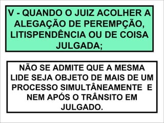 V - QUANDO O JUIZ ACOLHER A
ALEGAÇÃO DE PEREMPÇÃO,
LITISPENDÊNCIA OU DE COISA
JULGADA;
NÃO SE ADMITE QUE A MESMA
LIDE SEJA OBJETO DE MAIS DE UM
PROCESSO SIMULTÂNEAMENTE E
NEM APÓS O TRÂNSITO EM
JULGADO.
 