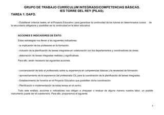 GRUPO DE TRABAJO CURRÍCULUM INTEGRADO/COMPETENCIAS BÁSICAS.
                         IES TORRE DEL REY (PILAS).
TAREA 1: DAFO.

       - Establecer criterios reales, en el Proyecto Educativo, para garantizar la continuidad de los tutores en determinados cursos   de
la secundaria obligatoria y posibilitar así la continuidad en la labor educativa.



       ACCIONES E INDICADORES DE ÉXITO:

       Estas estrategias nos llevan a los siguientes indicadores:

       - la implicación de los profesores en la formación.

       - inclusión de la planificación de tareas integradas en colaboración con los departamentos y coordinadores de áreas.

       - elaboración de tareas integradas realistas y significativas.

       Para ello, serán necesario las siguientes acciones:



       - concienciación de todo el profesorado sobre su experiencia en competencias básicas y la necesidad de formación.

       - aprovechamiento de la experiencia del profesorado CIL para la coordinación de la planificación de tareas integradas.

       - Establecimiento de horarios en el Proyecto Educativo que posibiliten dicha coordinación.

       - Planificación e implementación de estas tareas en el centro.

       Todo este análisis, acciones e indicadores nos obligan a chequear o evaluar de alguna manera nuestra labor, un posible
instrumento puede ser el cuestionario. Para ello, proponemos el siguiente.




                                                                                                                                            3	
  
	
  
 