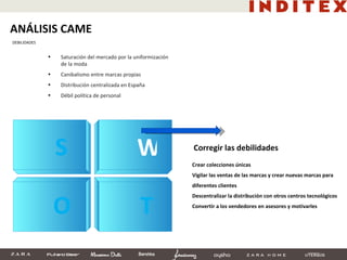 S W O T Crear colecciones únicas Vigilar las ventas de las marcas y crear nuevas marcas para diferentes clientes Descentralizar la distribución con otros centros tecnológicos Convertir a los vendedores en asesores y motivarles Saturación del mercado por la uniformización de la moda Canibalismo entre marcas propias Distribución centralizada en España Débil política de personal Corregir las debilidades ANÁLISIS CAME DEBILIDADES 