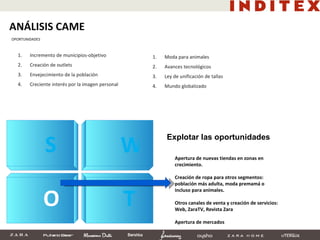 S W O T Incremento de municipios-objetivo Creación de outlets Envejecimiento de la población Creciente interés por la imagen personal Apertura de nuevas tiendas en zonas en crecimiento. Creación de ropa para otros segmentos: población más adulta, moda premamá o incluso para animales. Otros canales de venta y creación de servicios: Web, ZaraTV, Revista Zara Apertura de mercados ANÁLISIS CAME OPORTUNIDADES Explotar las oportunidades Moda para animales Avances tecnológicos Ley de unificación de tallas Mundo globalizado 