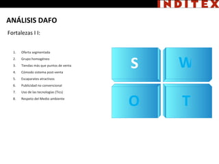 Fortalezas I I: STRENGHTS This is an example text Go ahead and place your own text Example text This is an example text Go ahead and place your  own text Example text S W O T Oferta segmentada Grupo homogéneo Tiendas más que puntos de venta Cómodo sistema post-venta Escaparates atractivos Publicidad no convencional Uso de las tecnologías (Tics) Respeto del Medio ambiente ANÁLISIS DAFO 