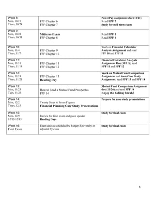 5
Week 8:
Mon, 10/21
Thurs, 10/24
FPF Chapter 6
FPF Chapter 7
PowerPay assignment due (10/21)
Read FPF 7
Study for mid-term exam
Week 9:
Mon, 10/28
Thurs, 10/31
Midterm Exam
FPF Chapter 8
Read FPF 8
Read FPF 9
Week 10:
Mon, 11/4
Thurs, 11/7
FPF Chapter 9
FPF Chapter 10
Work on Financial Calculator
Analysis Assignment and read
FPF 10 and FPF 11
Week 11:
Mon, 11/11
Thurs, 11/14
FPF Chapter 11
FPF Chapter 12
Financial Calculator Analysis
Assignment Due (11/11); read
FPF 11 and FPF 12
Week 12:
Mon, 11/18
Thurs, 11/21
FPF Chapter 13
Reading Day
Work on Mutual Fund Comparison
Assignment and team Case Study
Assignment; read FPF 13 and FPF 14
Week 13:
Mon, 11/25
Tues, 11/26
How to Read a Mutual Fund Prospectus
FPF 14
Mutual Fund Comparison Assignment
due (11/26) and read FPF 14
Enjoy the holiday break!
Week 14:
Mon, 12/2
Thurs, 12/5
Twenty Steps to Seven Figures
Financial Planning Case Study Presentations
Prepare for case study presentations
Week 15:
Mon, 12/9
12/12-12/13
Review for final exam and guest speaker
Reading Days
Study for final exam
Week 16:
Final Exam
Exam date as scheduled by Rutgers University or
adjusted by class
Study for final exam
 