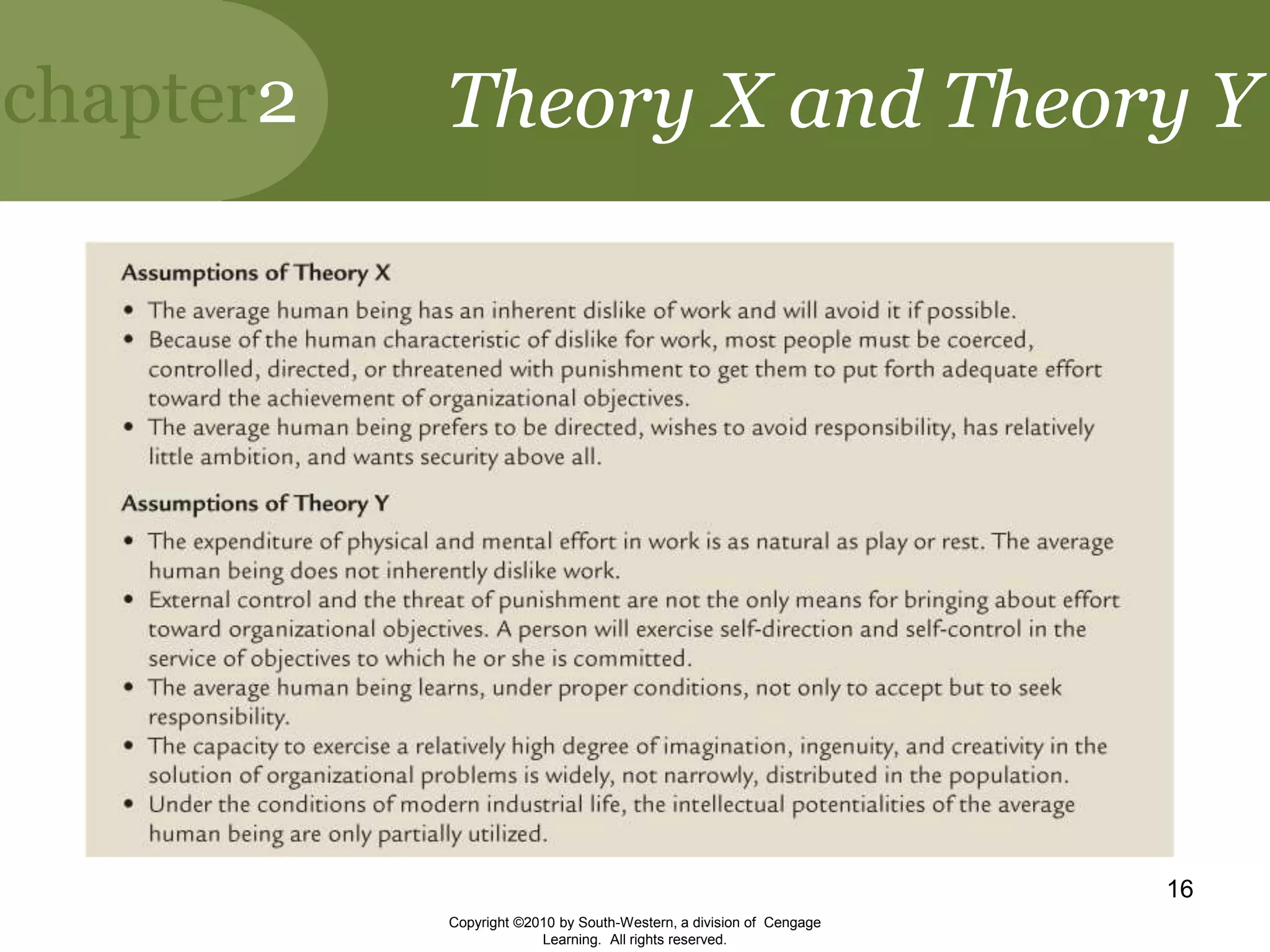 chapter2
Copyright ©2010 by South-Western, a division of Cengage
Learning. All rights reserved.
16
Theory X and Theory Y
 