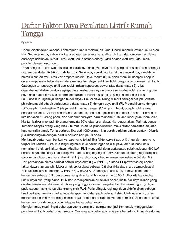 Daftar faktor daya peralatan listrik rumah tangga 
