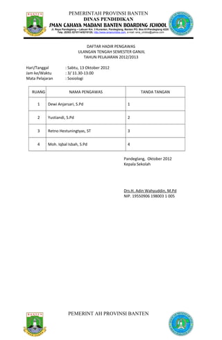 PEMERINTAH PROVINSI BANTEN
DINAS PENDIDIKAN
DAFTAR HADIR PENGAWAS
ULANGAN TENGAH SEMESTER GANJIL
TAHUN PELAJARAN 2012/2013
Hari/Tanggal : Sabtu, 13 Oktober 2012
Jam ke/Waktu : 3/ 11.30-13.00
Mata Pelajaran : Sosiologi
RUANG NAMA PENGAWAS TANDA TANGAN
1 Dewi Anjarsari, S.Pd 1
2 Yustiandi, S.Pd 2
3 Retno Hestuningtyas, ST 3
4 Moh. Iqbal Isbah, S.Pd 4
Pandeglang, Oktober 2012
Kepala Sekolah
Drs.H. Adin Wahyuddin, M.Pd
NIP. 19550906 198003 1 005
PEMERINT AH PROVINSI BANTEN
Jl. Raya Pandeglang – Labuan Km. 3 Kuranten, Pandeglang, Banten PO. Box 61/Pandeglang 42201
Telp. (0253) 5210114/5210120, http://www.smancmbbs.com, e-mail: sma_cmbbs@yahoo.com
 