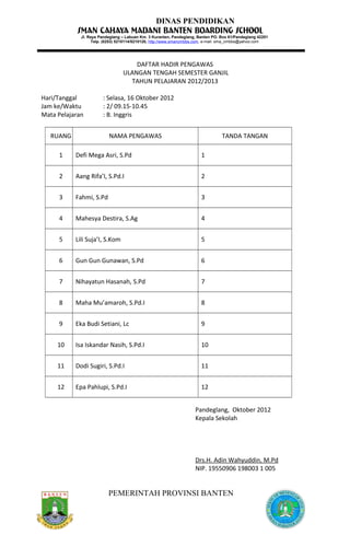 DINAS PENDIDIKAN
DAFTAR HADIR PENGAWAS
ULANGAN TENGAH SEMESTER GANJIL
TAHUN PELAJARAN 2012/2013
Hari/Tanggal : Selasa, 16 Oktober 2012
Jam ke/Waktu : 2/ 09.15-10.45
Mata Pelajaran : B. Inggris
RUANG NAMA PENGAWAS TANDA TANGAN
1 Defi Mega Asri, S.Pd 1
2 Aang Rifa’I, S.Pd.I 2
3 Fahmi, S.Pd 3
4 Mahesya Destira, S.Ag 4
5 Lili Suja’I, S.Kom 5
6 Gun Gun Gunawan, S.Pd 6
7 Nihayatun Hasanah, S.Pd 7
8 Maha Mu’amaroh, S.Pd.I 8
9 Eka Budi Setiani, Lc 9
10 Isa Iskandar Nasih, S.Pd.I 10
11 Dodi Sugiri, S.Pd.I 11
12 Epa Pahlupi, S.Pd.I 12
Pandeglang, Oktober 2012
Kepala Sekolah
Drs.H. Adin Wahyuddin, M.Pd
NIP. 19550906 198003 1 005
PEMERINTAH PROVINSI BANTEN
Jl. Raya Pandeglang – Labuan Km. 3 Kuranten, Pandeglang, Banten PO. Box 61/Pandeglang 42201
Telp. (0253) 5210114/5210120, http://www.smancmbbs.com, e-mail: sma_cmbbs@yahoo.com
 