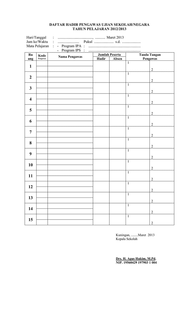 Daftar hadir pengawas ujian sekolah