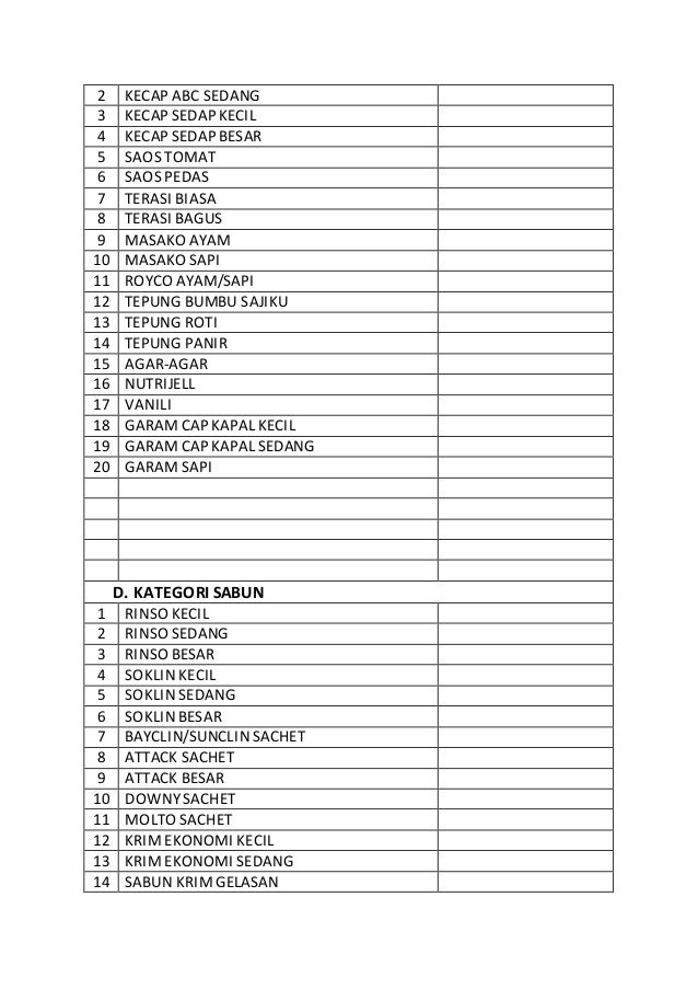 Daftar harga  barang 