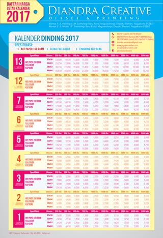 Daftar harga cetak kalender 2017 Diandra Creative Offset & Printing