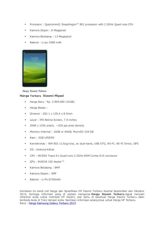 Daftar Harga dan Spesifikasi HP Xiaomi Bulan September 