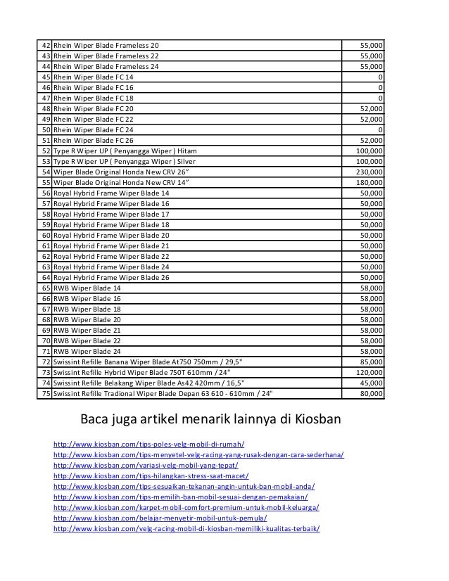 Daftar harga wiper mobil Daftar harga wiper mobil
