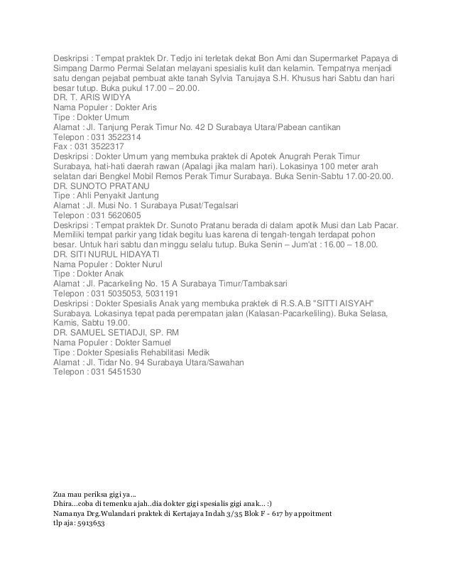 Daftar informasi alamat dokter di kota surabaya dsk