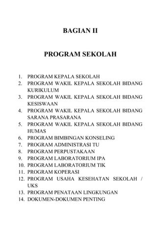 BAGIAN II


           PROGRAM SEKOLAH


1.    PROGRAM KEPALA SEKOLAH
2.    PROGRAM WAKIL KEPALA SEKOLAH BIDANG
      KURIKULUM
3.    PROGRAM WAKIL KEPALA SEKOLAH BIDANG
      KESISWAAN
4.    PROGRAM WAKIL KEPALA SEKOLAH BIDANG
      SARANA PRASARANA
5.    PROGRAM WAKIL KEPALA SEKOLAH BIDANG
      HUMAS
6.    PROGRAM BIMBINGAN KONSELING
7.    PROGRAM ADMINISTRASI TU
8.    PROGRAM PERPUSTAKAAN
9.    PROGRAM LABORATORIUM IPA
10.   PROGRAM LABORATORIUM TIK
11.   PROGRAM KOPERASI
12.   PROGRAM USAHA KESEHATAN SEKOLAH /
      UKS
13.   PROGRAM PENATAAN LINGKUNGAN
14.   DOKUMEN-DOKUMEN PENTING
 