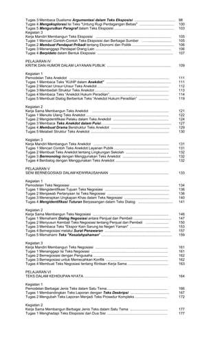 Tugas 3 Membaca Dualisme Argumentasi dalam Teks Eksposisi .........................................
Tugas 4 Mengeksplorasi Isi Teks "Untung Rugi Perdagangan Bebas" ...................................
Tugas 5 Mengurutkan Paragraf dalam Teks Eksposisi ............................................................
Kegiatan 3
Kerja Mandiri Membangun Teks Eksposisi ............................................................................
Tugas 1 Mencari Contoh-Contoh Teks Eksposisi dari Berbagai Sumber …….......................
Tugas 2 Membuat Pendapat Pribadi tentang Ekonomi dan Politik ..........................................
Tugas 3 Menanggapi Pendapat Orang Lain ............................................................................
Tugas 4 Berpidato dalam Bentuk Eksposisi ............................................................................

98
100
103
105
105
106
106
107

PELAJARAN IV
KRITIK DAN HUMOR DALAM LAYANAN PUBLIK ................................................................

109

Kegiatan 1
Pemodelan Teks Anekdot ....................................................................................................
Tugas 1 Membaca Teks “KUHP dalam Anekdot” .................................................................
Tugas 2 Mencari Unsur-Unsur Teks Anekdot ........................................................................
Tugas 3 Membedah Struktur Teks Anekdot ..........................................................................
Tugas 4 Membaca Teks “Anekdot Hukum Peradilan”............................................................
Tugas 5 Membuat Dialog Berbentuk Teks “Anekdot Hukum Peradilan” ..............................

111
111
112
113
114
119

Kegiatan 2
Kerja Sama Membangun Teks Anekdot .............................................................................
Tugas 1 Menulis Ulang Teks Anekdot ...................................................................................
Tugas 2 Mengidentifikasi Pelaku dalam Teks Anekdot ........................................................
Tugas 3 Membaca Teks Anekdot dalam Puisi.......................................................................
Tugas 4 Membuat Drama Berstruktur Teks Anekdot ...........................................................
Tugas 5 Melabeli Struktur Teks Anekdot ...............................................................................

121
122
124
127
129
130

Kegiatan 3
Kerja Mandiri Membangun Teks Anekdot ............................................................................
Tugas 1 Mencari Contoh Teks Anekdot Layanan Publik .......................................................
Tugas 2 Membuat Teks Anekdot tentang Lingkungan Sekolah ...........................................
Tugas 3 Bermonolog dengan Menggunakan Teks Anekdot .................................................
Tugas 4 Berdialog dengan Menggunakan Teks Anekdot ......................................................

131
131
132
132
132

PELAJARAN V
SENI BERNEGOSIASI DALAM KEWIRAUSAHAAN ...........................................................

133

Kegiatan 1
Pemodelan Teks Negosiasi ...................................................................................................
Tugas 1 Mengidentifikasi Tujuan Teks Negosiasi .................................................................
Tugas 2 Menjawab Pertanyaan Isi Teks Negosiasi ..............................................................
Tugas 3 Menerapkan Ungkapan Khas dalam Teks Negosiasi .............................................
Tugas 4 Mengidentifikasi Tuturan Berpasangan dalam Teks Dialog ...................................

134
136
136
140
141

Kegiatan 2
Kerja Sama Membangun Teks Negosiasi ............................................................................
Tugas 1 Memahami Dialog Negosiasi antara Penjual dan Pembeli ......................................
Tugas 2 Menyusun Kembali Teks Negosiasi tentang Penjual dan Pembeli ……................
Tugas 3 Membaca Teks "Ekspor Kain Sarung ke Negeri Yaman" .......................................
Tugas 4 Bernegosiasi melalui Surat Penawaran ..................................................................
Tugas 5 Memahami Teks "Kesalahpahaman" .......................................................................

146
147
150
153
157
159

Kegiatan 3
Kerja Mandiri Membangun Teks Negosiasi .........................................................................
Tugas 1 Menanggapi Isi Teks Negosiasi .............................................................................
Tugas 2 Bernegosiasi dengan Pengusaha ...........................................................................
Tugas 3 Bernegosiasi untuk Memecahkan Konflik ..............................................................
Tugas 4 Membuat Teks Negosiasi tentang Rintisan Kerja Sama .........................................

161
161
162
162
163

PELAJARAN VI
TEKS DALAM KEHIDUPAN NYATA ....................................................................................

164

Kegiatan 1
Pemodelan Berbagai Jenis Teks dalam Satu Tema.............................................................
Tugas 1 Membandingkan Teks Laporan dengan Teks Deskripsi .......................................
Tugas 2 Mengubah Teks Laporan Menjadi Teks Prosedur Kompleks ................................

166
167
172

Kegiatan 2
Kerja Sama Membangun Berbagai Jenis Teks dalam Satu Tema ......................................
Tugas 1 Menghadapi Teks Eksposisi dari Dua Sisi ............................................................

177
177

 