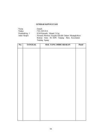 LEMBAR KONSULTASI 
Nama : Ismadi 
Nimko : 726.1025.014 
Pembimbing 1 : H.M.Syarnubi Ahmad, S.Ag 
Judul Skripsi : Peranan Motivasi Kepala Sekolah Dalam Meningkatkan 
Kinerja Guru Di SDN Tanjung Baru Kecamatan 
Tanjung Agung 
No. TANGGAL HAL YANG DIBICARAKAN Paraf 
xix 
 