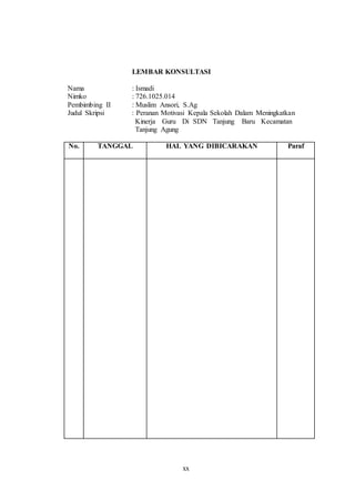 LEMBAR KONSULTASI 
Nama : Ismadi 
Nimko : 726.1025.014 
Pembimbing II : Muslim Ansori, S.Ag 
Judul Skripsi : Peranan Motivasi Kepala Sekolah Dalam Meningkatkan 
Kinerja Guru Di SDN Tanjung Baru Kecamatan 
Tanjung Agung 
No. TANGGAL HAL YANG DIBICARAKAN Paraf 
xx 
 